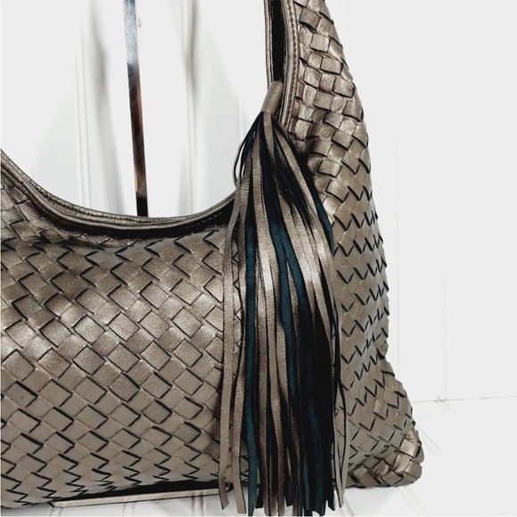 NWT Handbag Leather With Tassel Zipper Closure And Braided Strap in Bronze - Picture 3 of 8